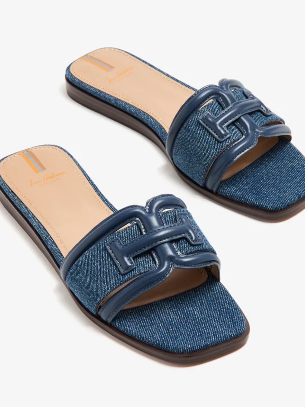 SAM EDELMAN Irina Slide Sandals Denim Blue, Leather Sides, Slip-On